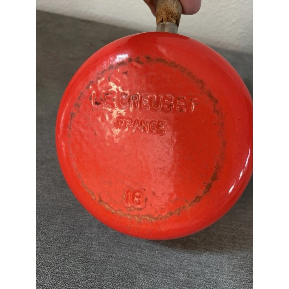 Vintage Le Creuset Castoflon #18 Saucepan with Lid Teck Wood Handle Flame Orange